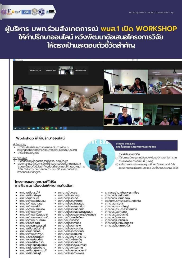 ผู้บริหาร บพท.ร่วมสังเกตการณ์ พมส.1 เปิด Workshop ให้คำปรึกษาออนไลน์ หวังพัฒนาข้อเสนอโครงการวิจัยให้ตรงเป้าและตอบตัวชี้วัดสำคัญ